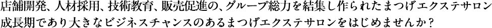 店舗開発、人材採用、技術教育、販売促進の、グループ総力を結集し作られたまつげエクステサロン 成長期であり大きなビジネスチャンスのあるまつげエクステサロンをはじめませんか？